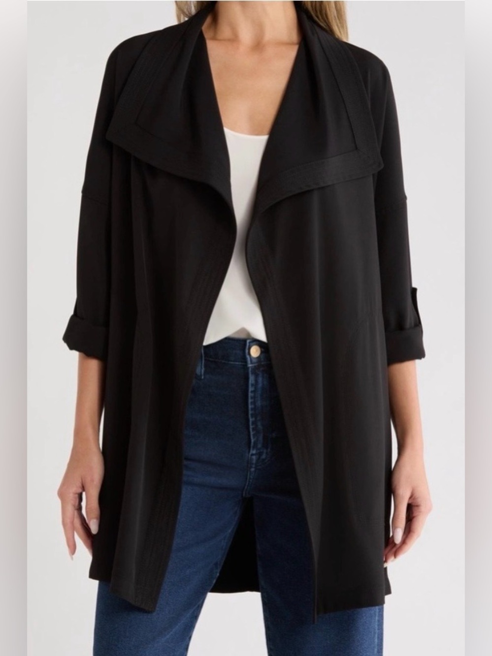Max Studio Women’s Size‎ Large Black Open Front Draped Roll Tab Cardigan NWT
